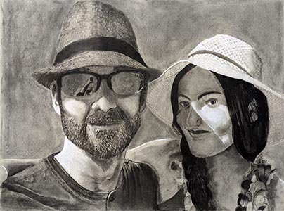 A charcoal drawing of a man and woman wearing hats
