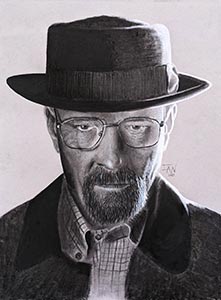 A charcoal drawing of Walter White in in Heisenberg personal from Breaking Bad