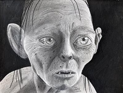 A graphite drawing of Gollum from Lord of the Rings