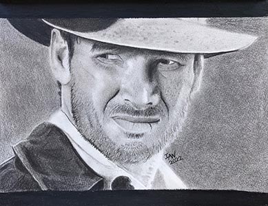 A graphite drawing of Harrison Ford as Indiana Jones