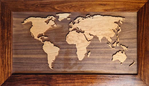 A map of the world made of wood